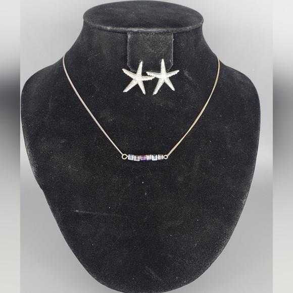 Silvertone Starfish Earrings and Deep Blue Silvetone Necklace Set - Picture 1 of 7